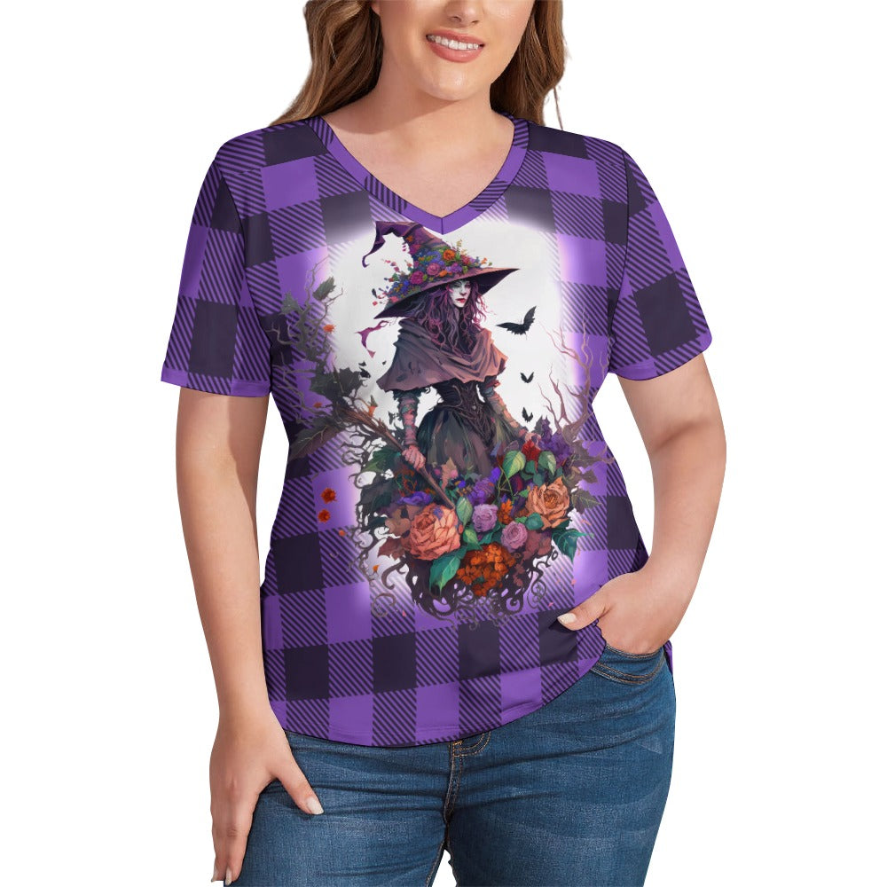 Buffalo Plaid Witch Ladies V-Neck Loose Short Sleeve T-Shirt