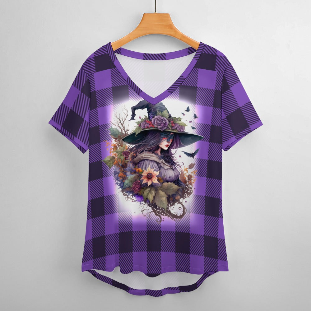 Buffalo Plaid Witch Ladies V-Neck Loose Short Sleeve T-Shirt
