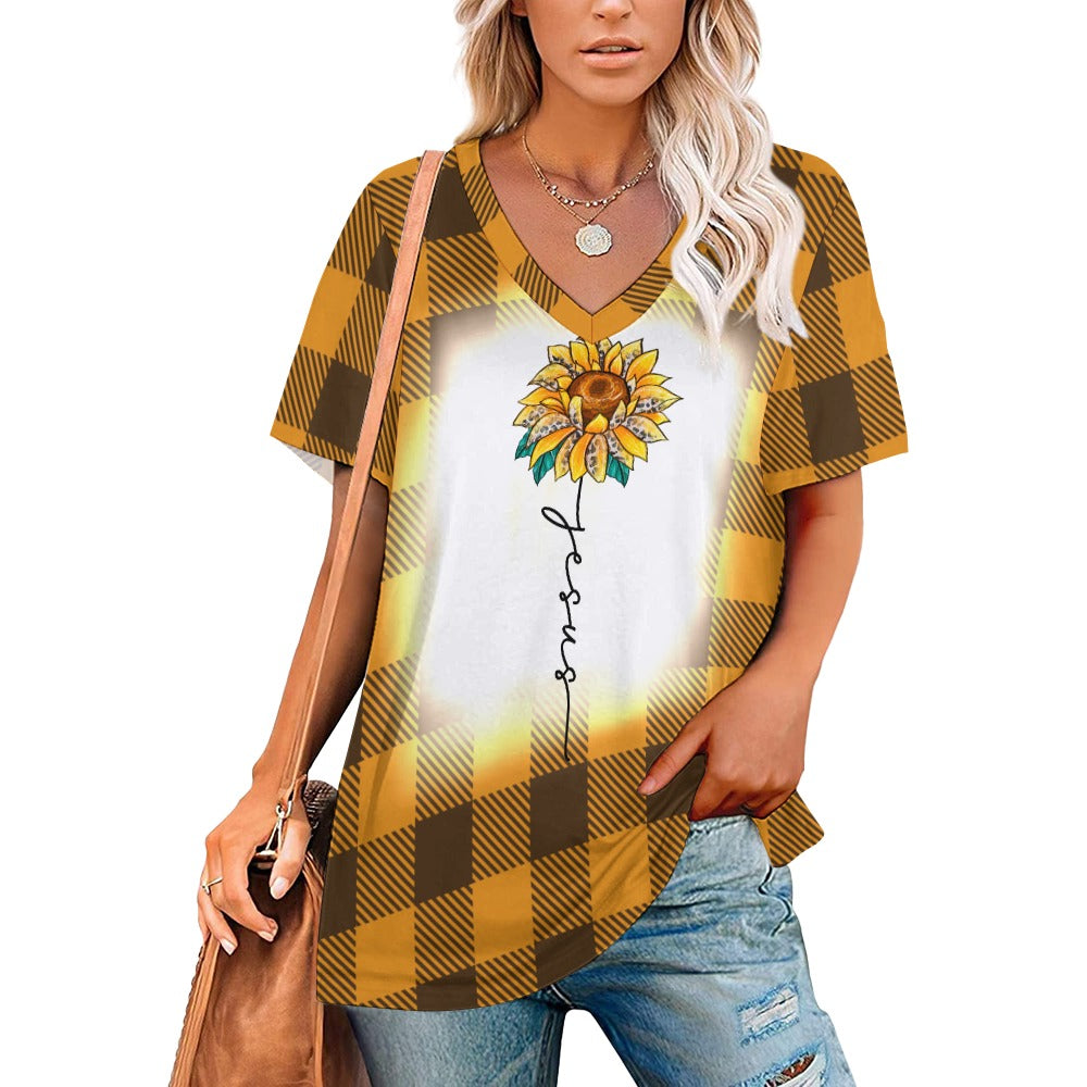 Buffalo Plaid Jesus V-Neck Loose Short Sleeve T-Shirt