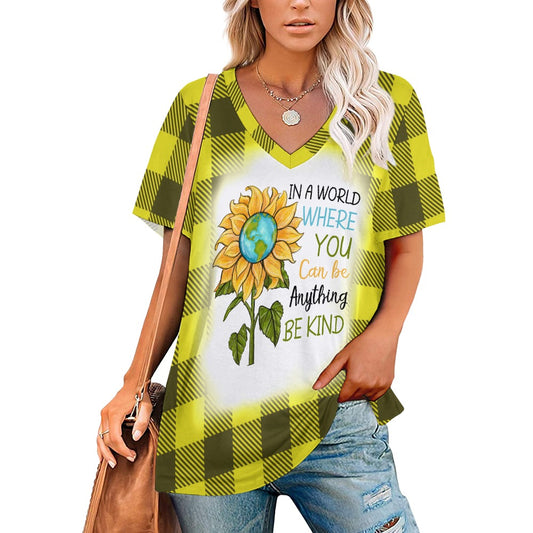Buffalo Plaid  Be Kind Sunflower Ladies V-Neck Loose Short Sleeve T-Shirt