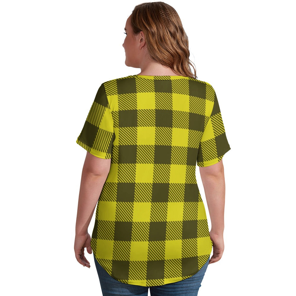 Buffalo Plaid Be Kind Sunflower Ladies V-Neck Loose Short Sleeve T-Shirt