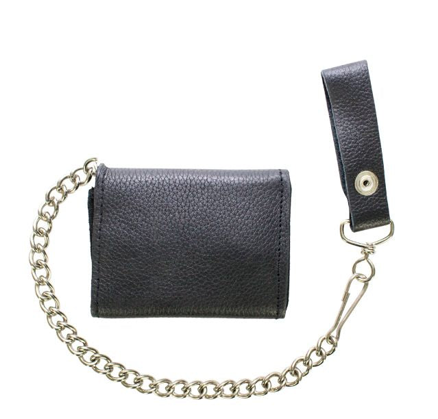 Plain Black Biker Tri-Fold Chain Wallet
