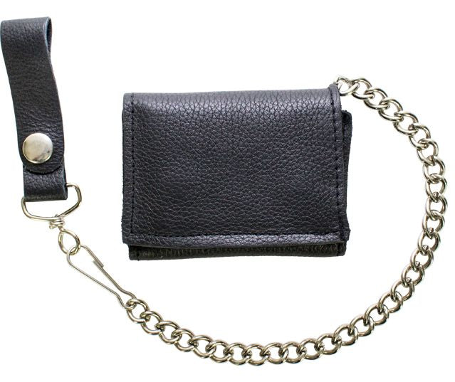 Plain Black Biker Tri-Fold Chain Wallet