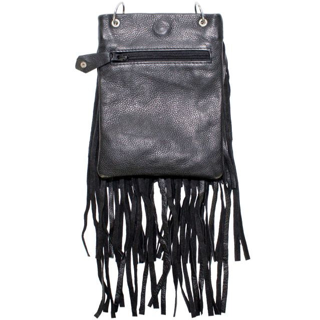 Black Naked Cowhide Leather Belt Bag w/ Chain and Fringe