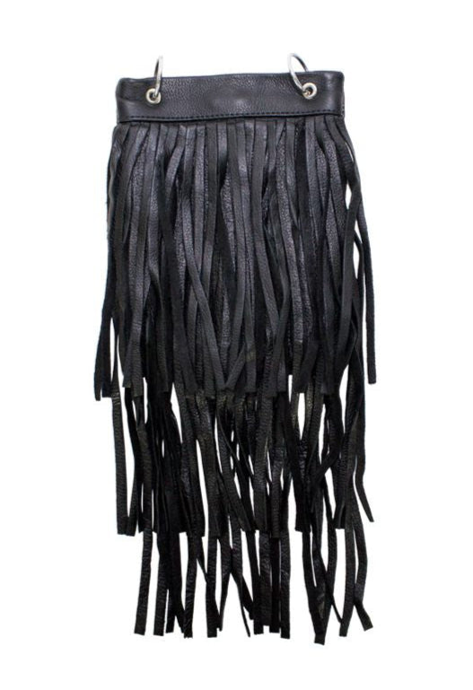 Black Naked Cowhide Leather Belt Bag w/ Chain and Fringe