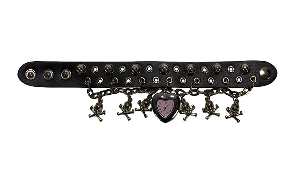 Black Wristband with Heart Shaped Watch and Hanging Skulls