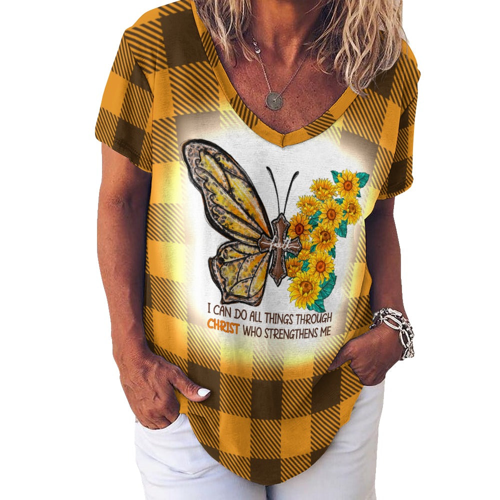 Buffalo Plaid Christ Strengthens Me V-Neck Loose Short Sleeve T-Shirt