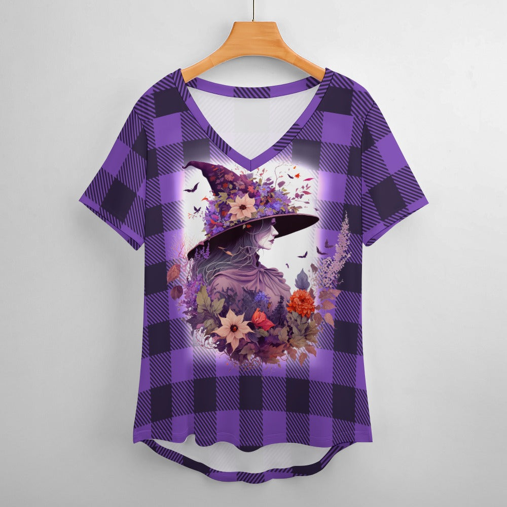 Buffalo Plaid Witch Ladies V-Neck Loose Short Sleeve T-Shirt