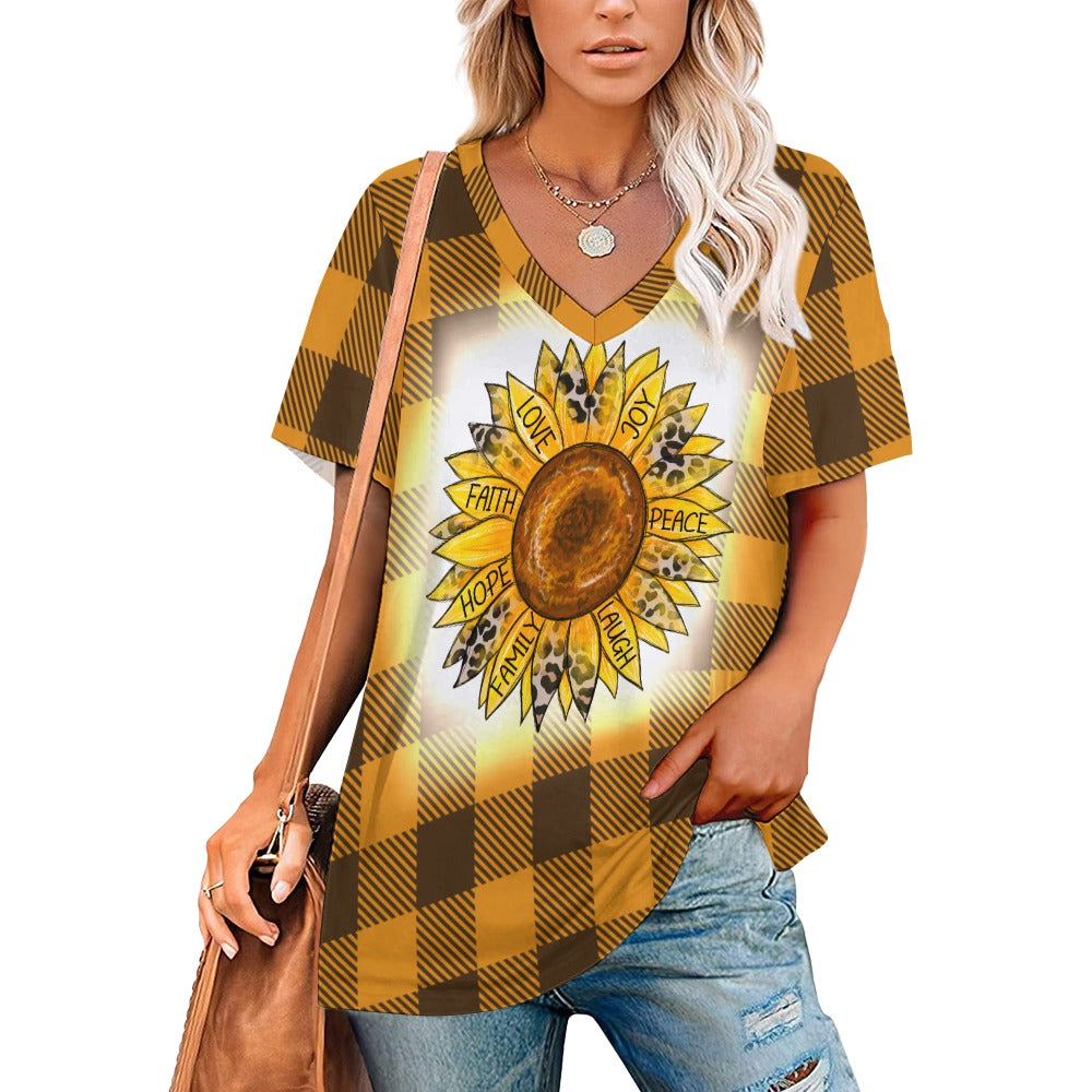 Buffalo Plaid Sunflower V-Neck Loose Short Sleeve T-Shirt