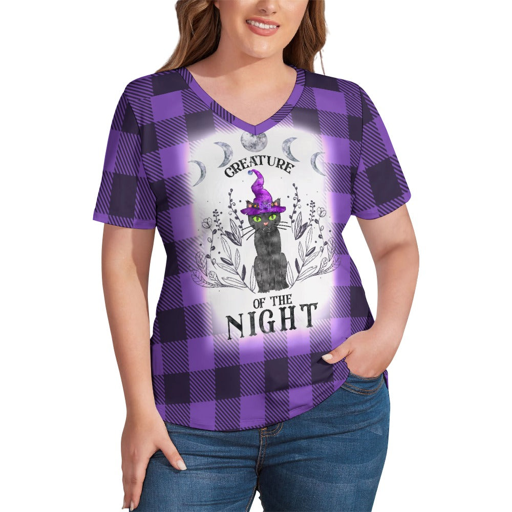 Buffalo Plaid Creature of the Night V-Neck Loose Short Sleeve T-Shirt