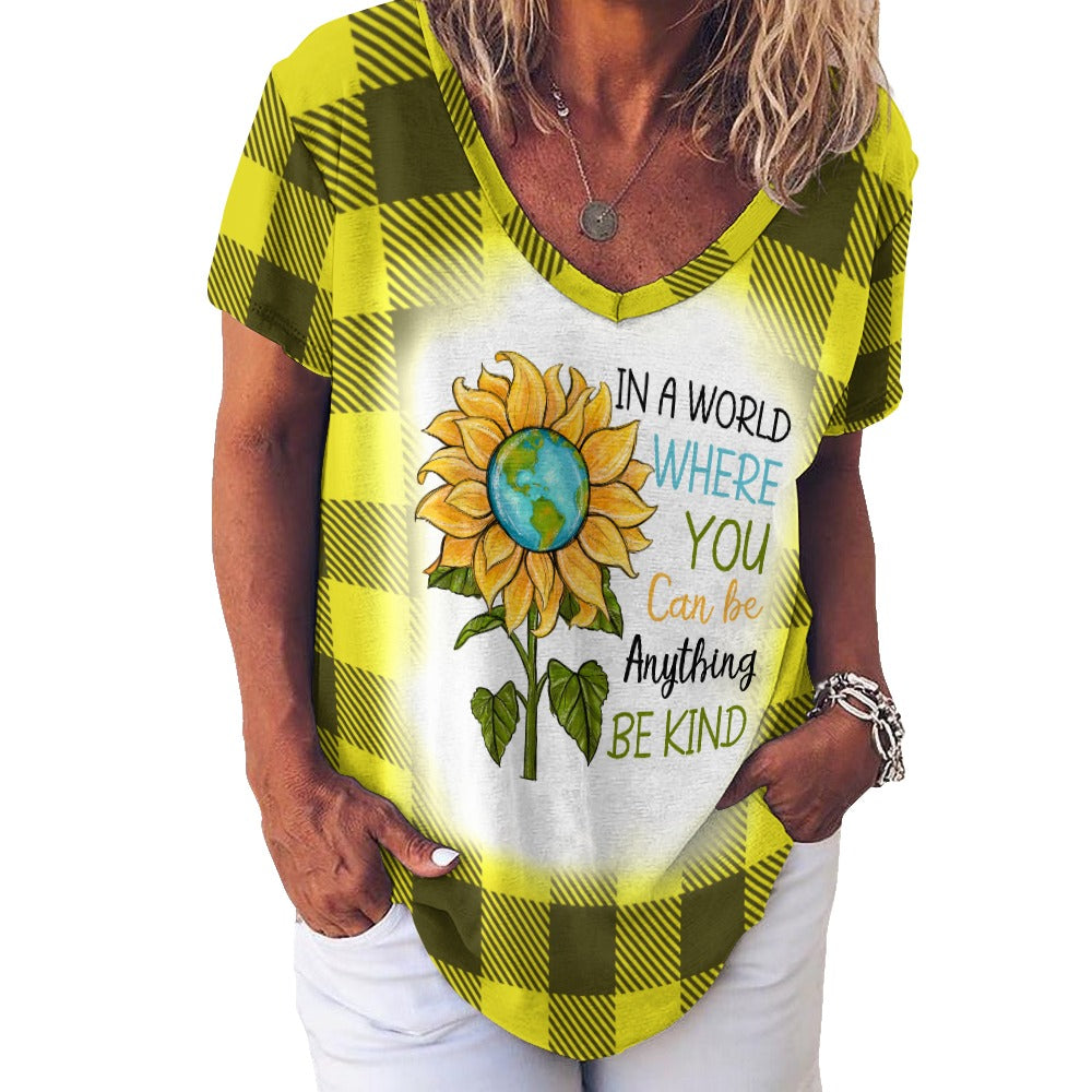 Buffalo Plaid Be Kind Sunflower Ladies V-Neck Loose Short Sleeve T-Shirt