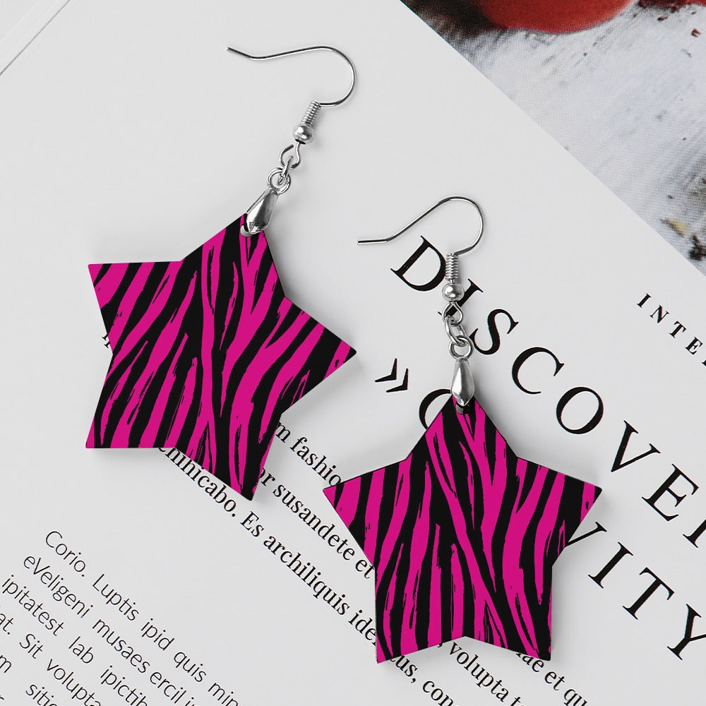 Wooden Pink Zebra Striped Earrings