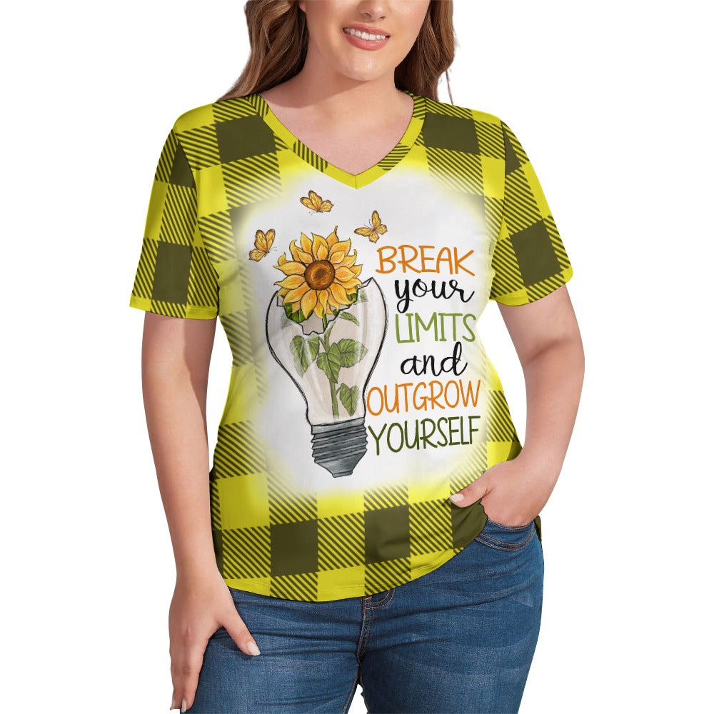 Buffalo Plaid Break Your Limits Sunflower V-Neck Loose Short Sleeve T-Shirt
