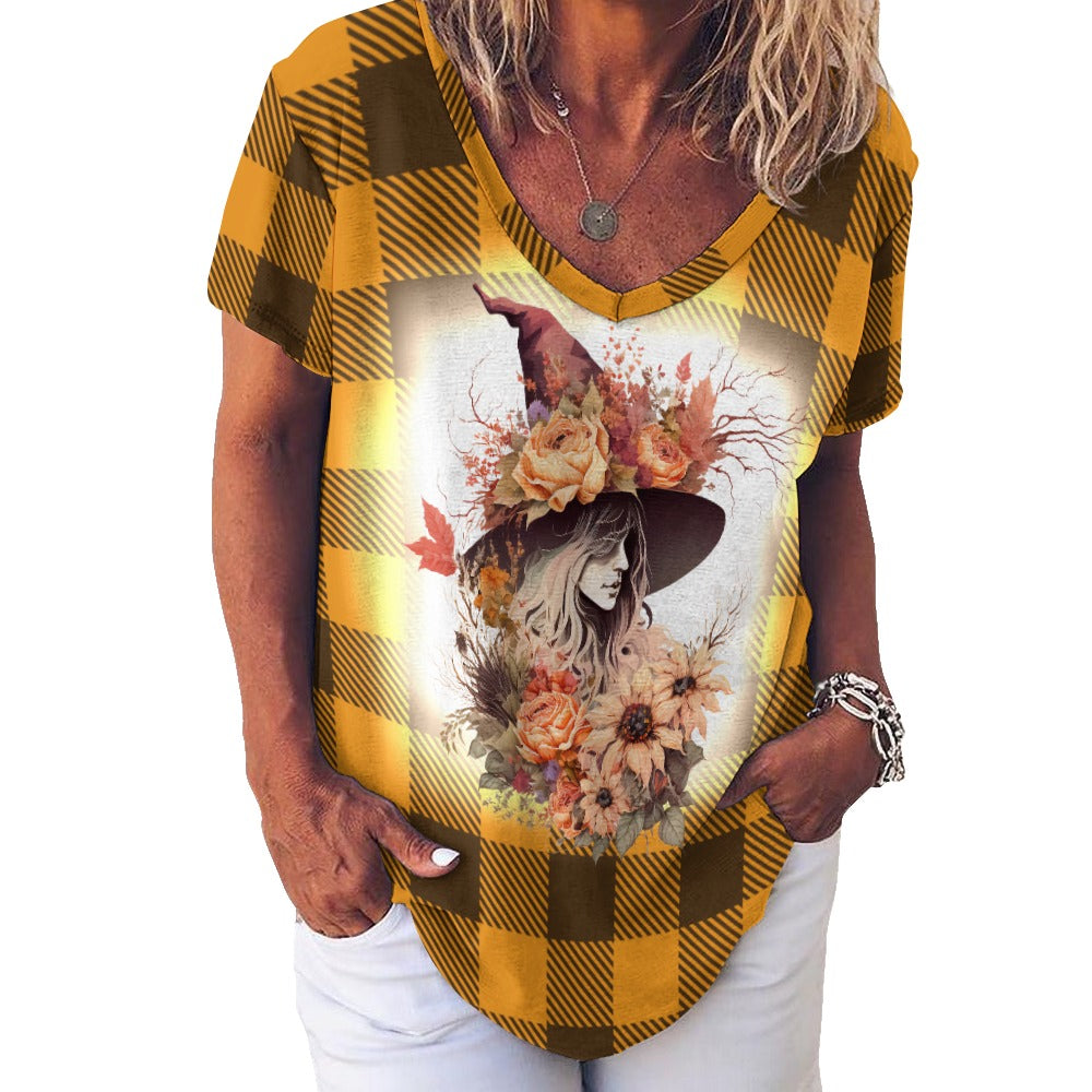 Buffalo Plaid Witch Ladies V-Neck Loose Short Sleeve T-Shirt