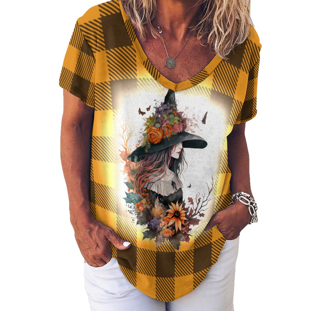 Buffalo Plaid Witch Ladies V-Neck Loose Short Sleeve T-Shirt