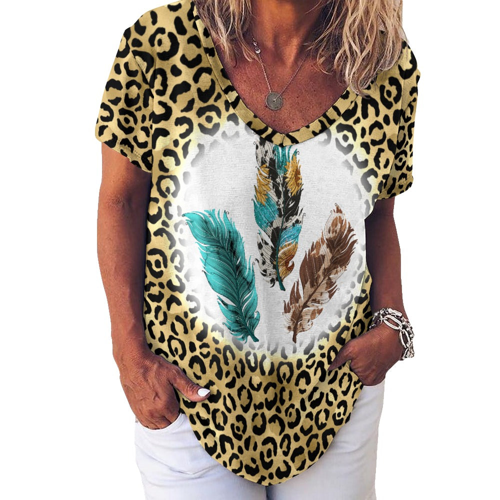 Western Feathers V-Neck Loose Short Sleeve T-Shirt