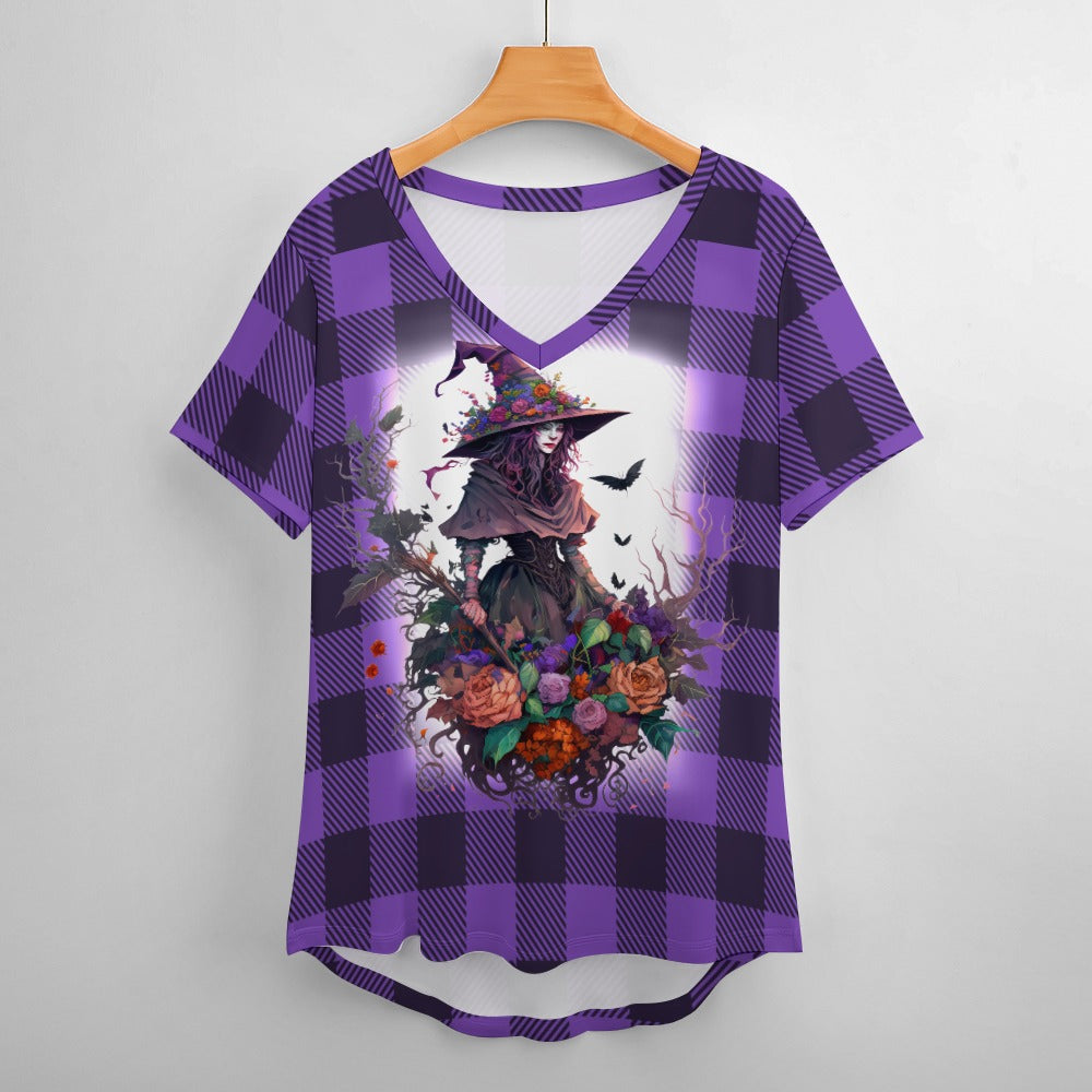 Buffalo Plaid Witch Ladies V-Neck Loose Short Sleeve T-Shirt