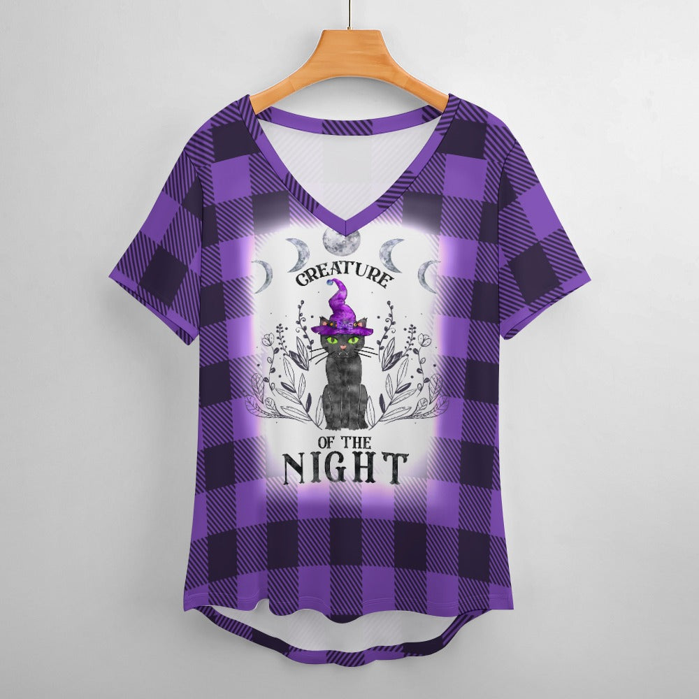 Buffalo Plaid Creature of the Night V-Neck Loose Short Sleeve T-Shirt