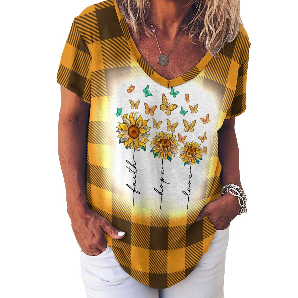 Buffalo Plaid Faith Hope Love V-Neck Loose Short Sleeve T-Shirt