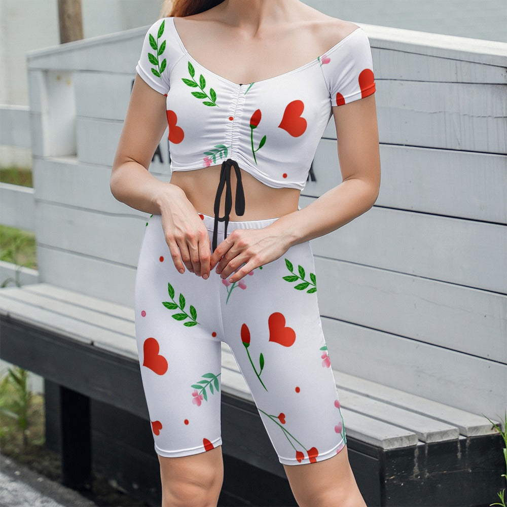 Hearts and Flowers Elastic Short Sleeve Ladies Yoga Set