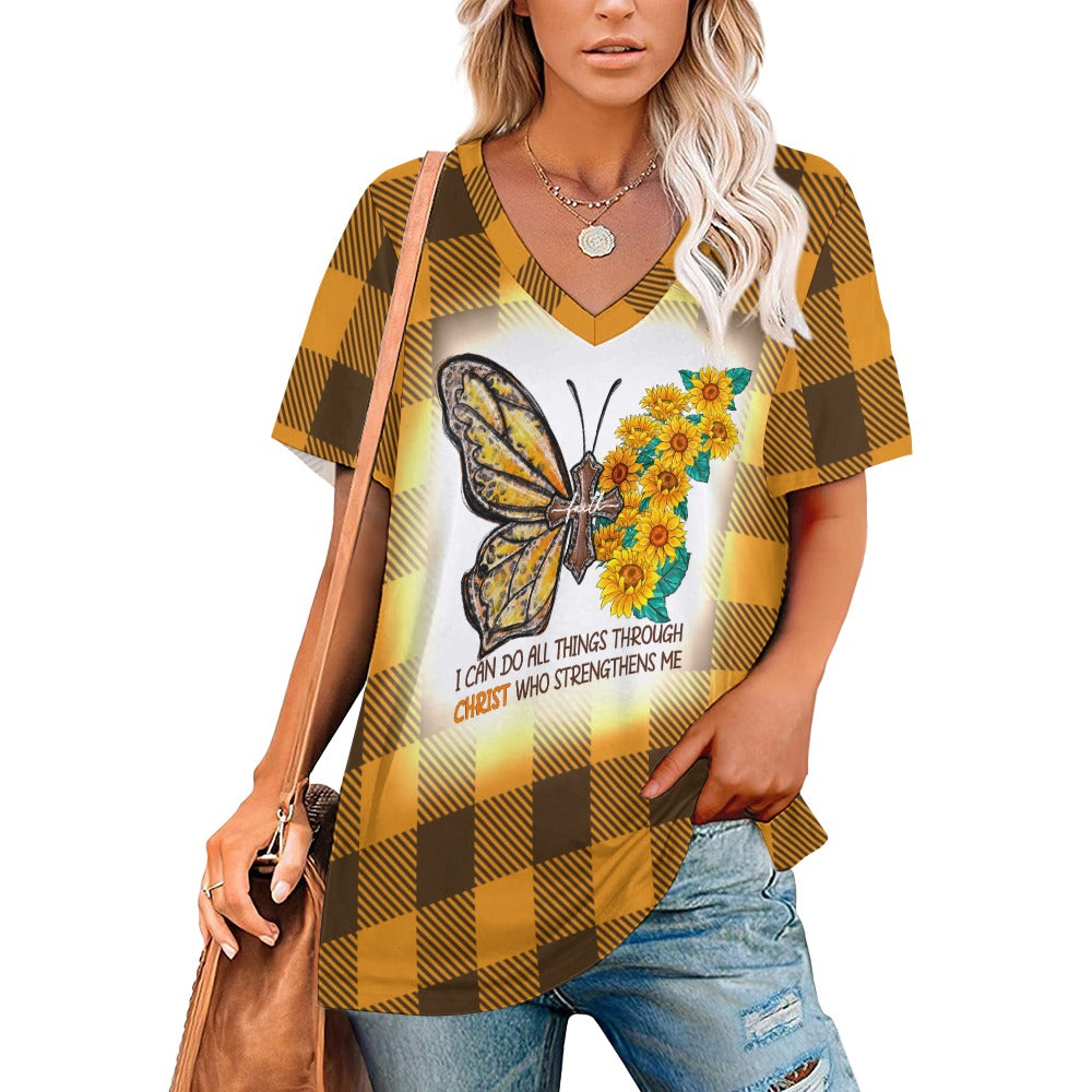 Buffalo Plaid Christ Strengthens Me V-Neck Loose Short Sleeve T-Shirt