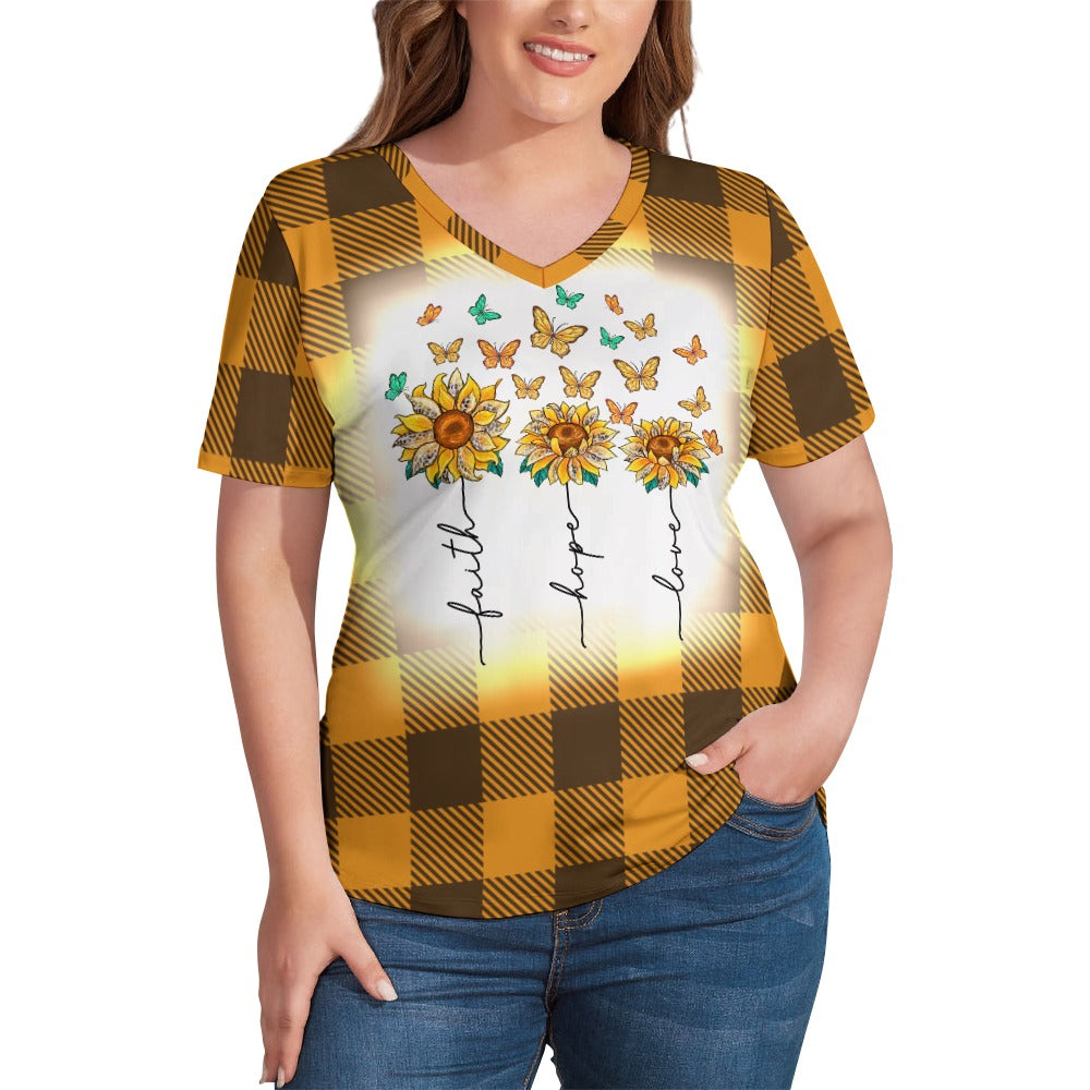 Buffalo Plaid Faith Hope Love V-Neck Loose Short Sleeve T-Shirt