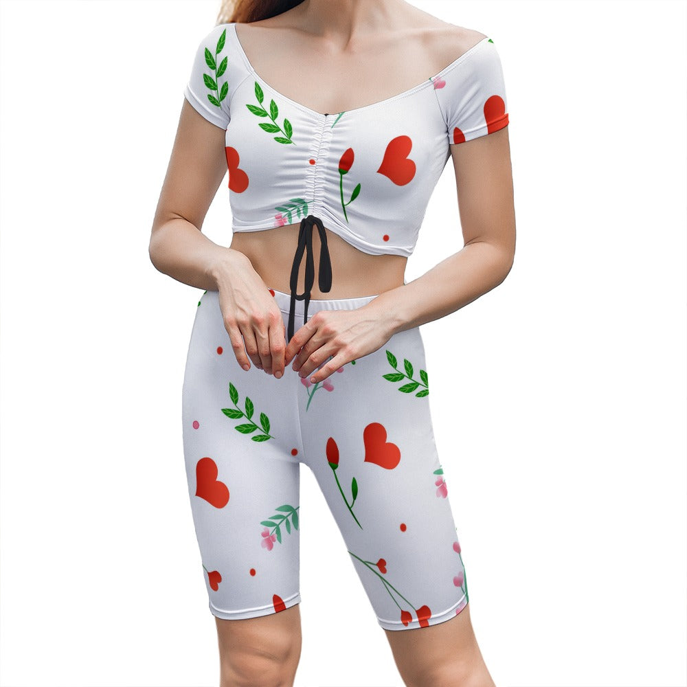 Hearts and Flowers Elastic Short Sleeve Ladies Yoga Set