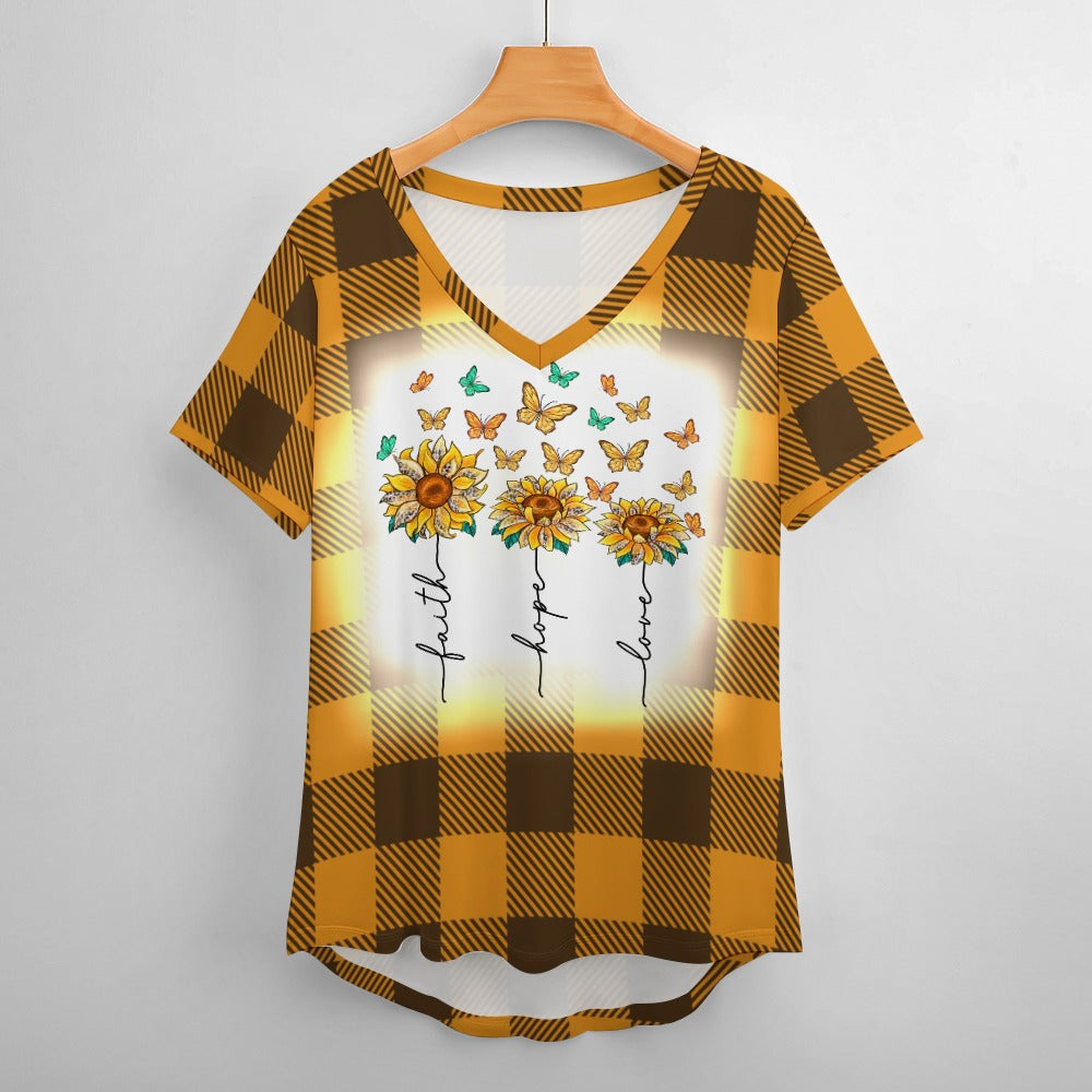 Buffalo Plaid Faith Hope Love V-Neck Loose Short Sleeve T-Shirt