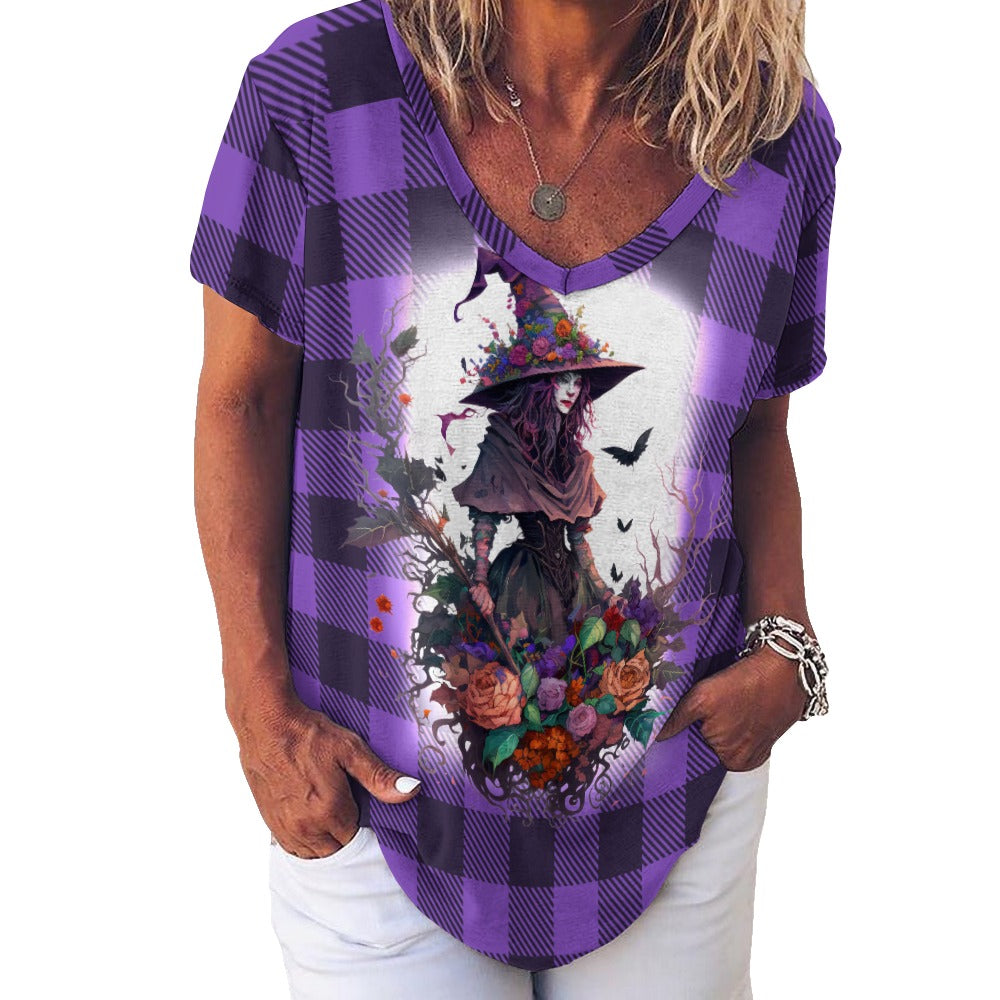 Buffalo Plaid Witch Ladies V-Neck Loose Short Sleeve T-Shirt