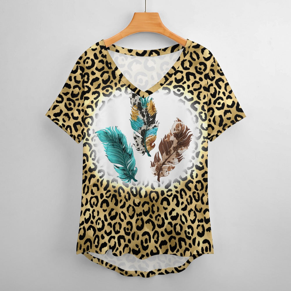 Western Feathers V-Neck Loose Short Sleeve T-Shirt