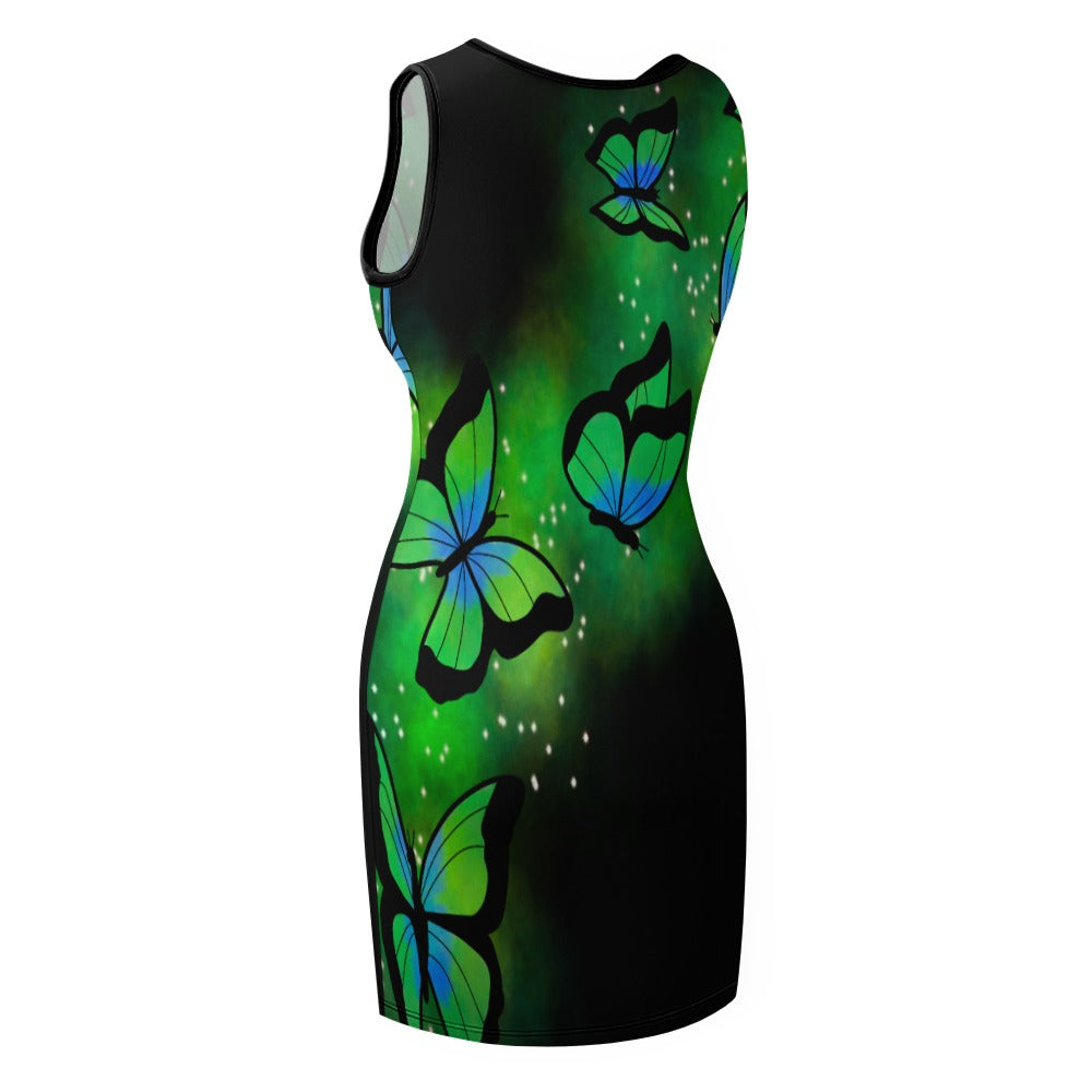 Green Butterflies Slim Fit Sleeveless Tank Dress