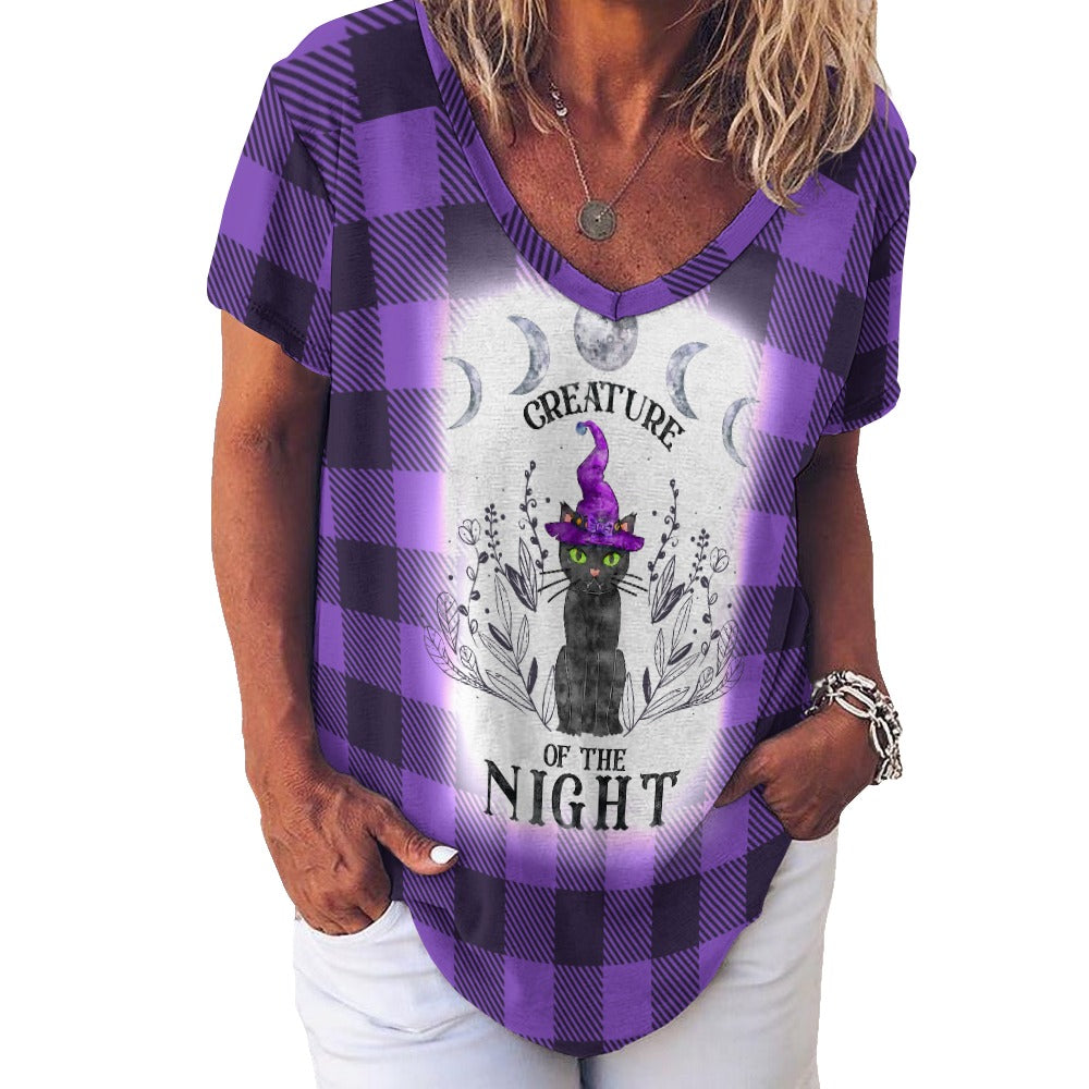 Buffalo Plaid Creature of the Night V-Neck Loose Short Sleeve T-Shirt