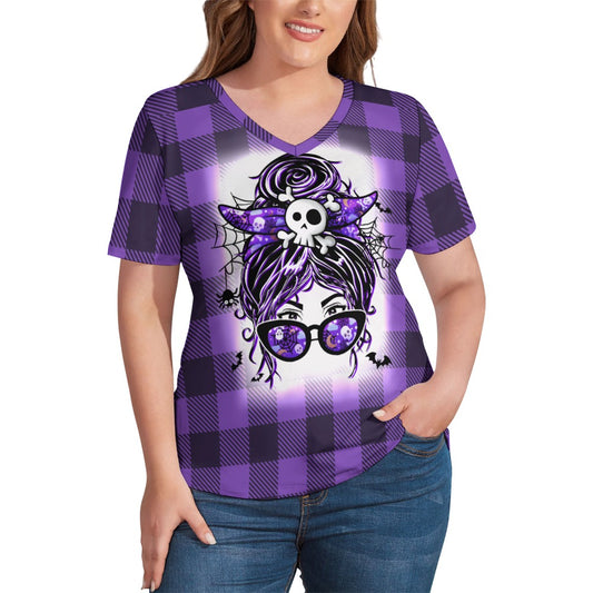 Buffalo Plaid  Witchy Ladies V-Neck Loose Short Sleeve T-Shirt