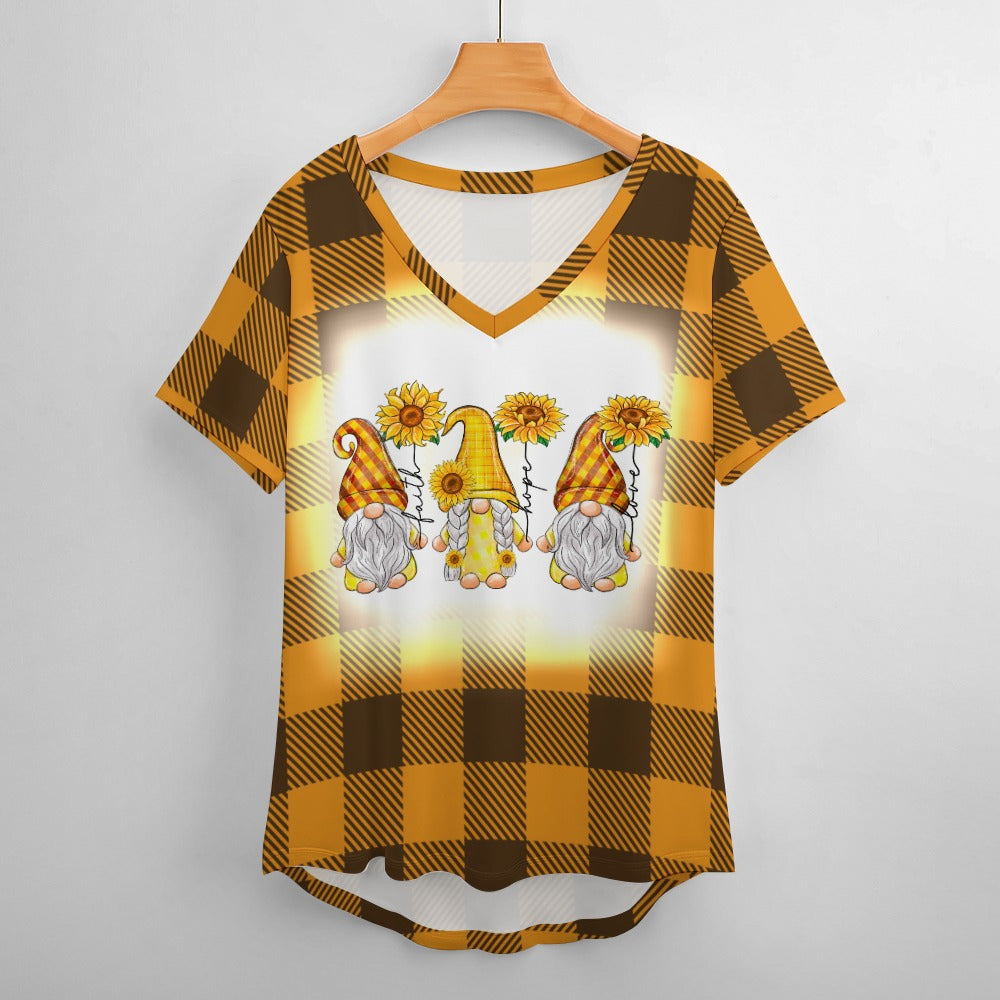 Buffalo Plaid Gnome Sunflower V-Neck Loose Short Sleeve T-Shirt