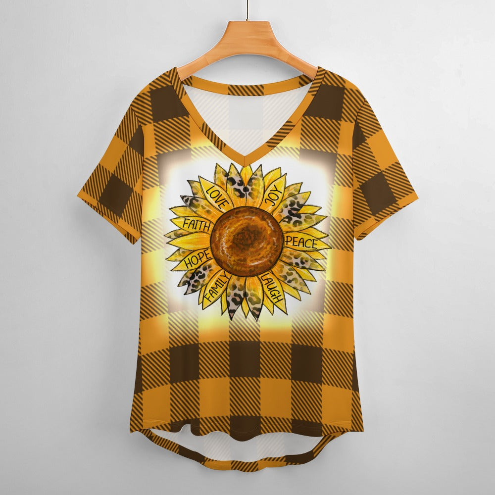Buffalo Plaid Sunflower V-Neck Loose Short Sleeve T-Shirt