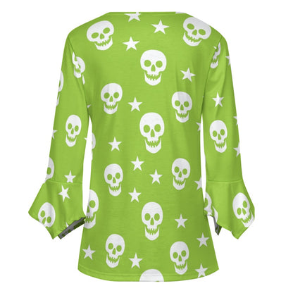 Green Skull Print Ruffled Petal Sleeve Top