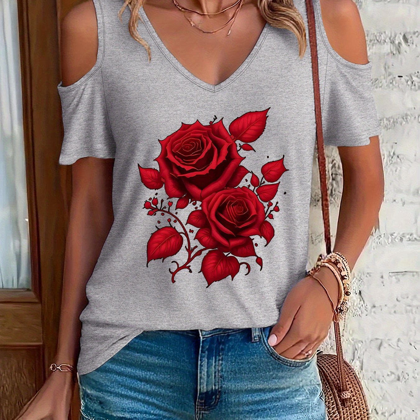 Red Rose Off Shoulder Tee
