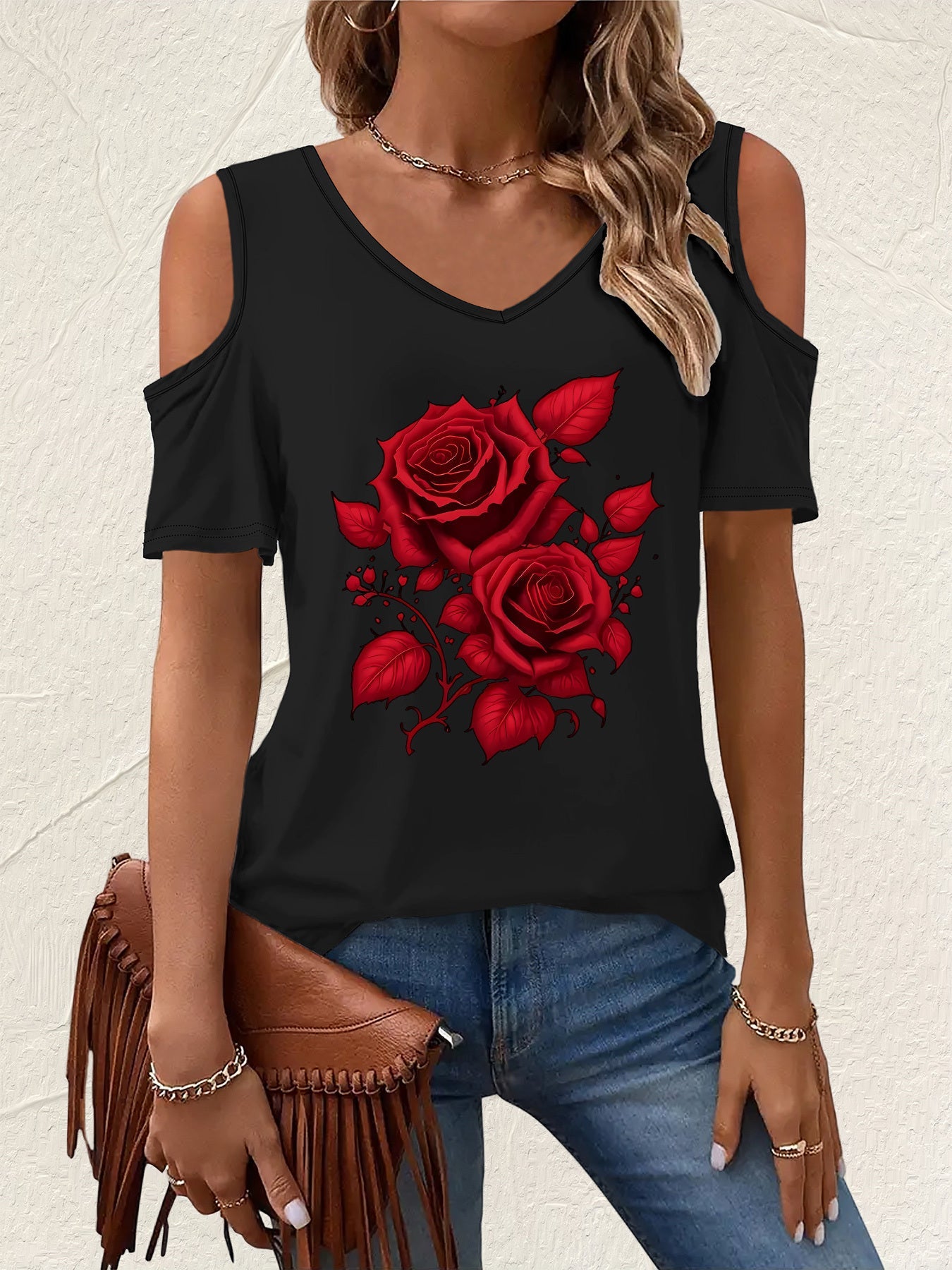 Red Rose Off Shoulder Tee