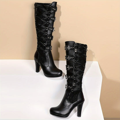 Platform Punk Tall Goth Buckled KneeHigh Boots