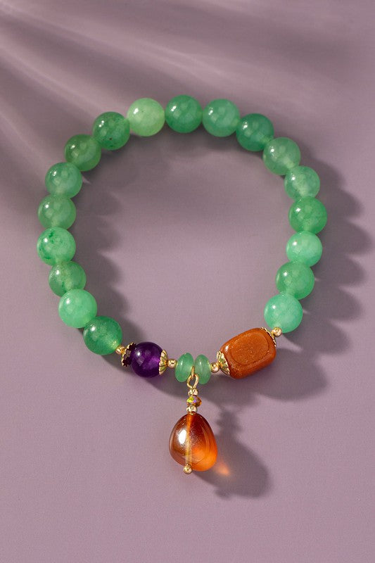 Stretch Green Agate Bracelet Red Charm Drop