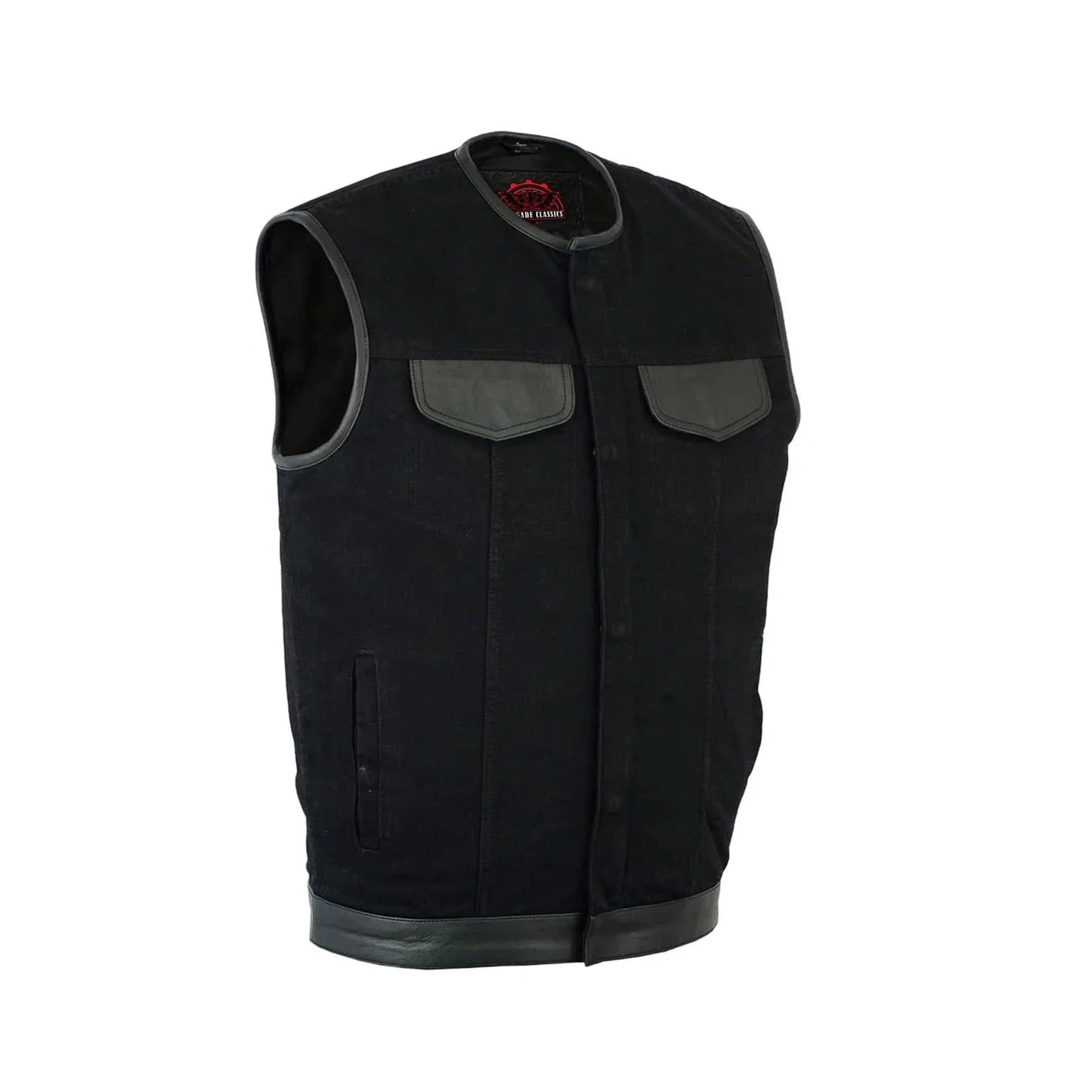 Men's Black Denim Single Panel Concealment Vest W/Leather Trim-