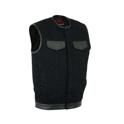 Men's Black Denim Single Panel Concealment Vest W/Leather Trim-