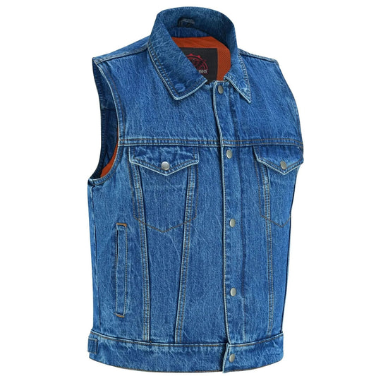 Blue Men's  denim motorcycle vest with Snap/Zipper Front