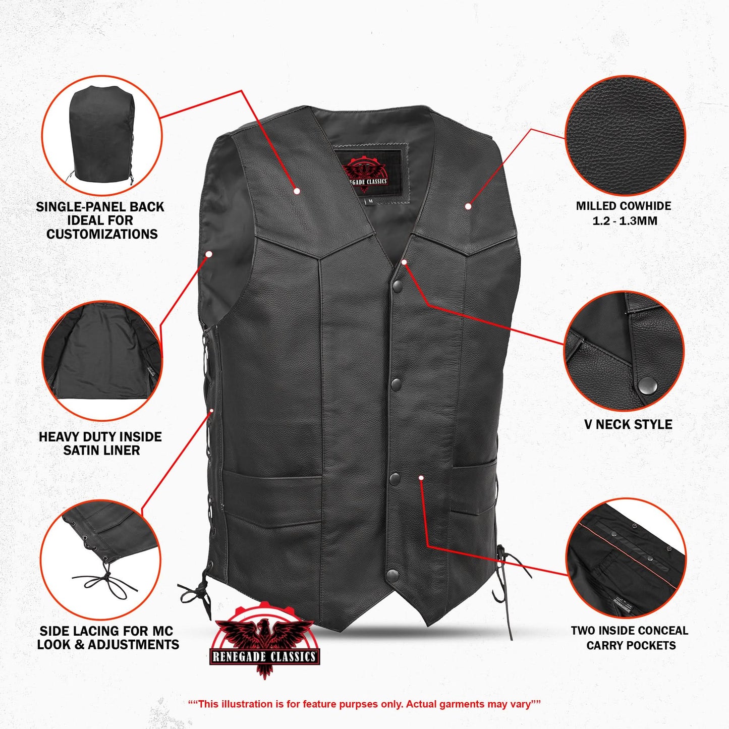 Men's Traditional Leather side lacing Vest - Black