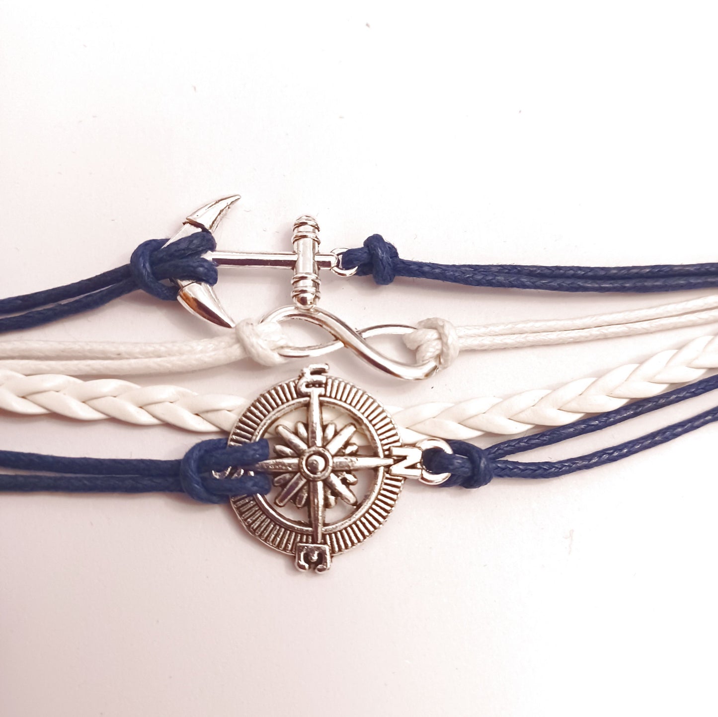 Blue White Anchor Infinity Compass Multi-Layered Bracelet