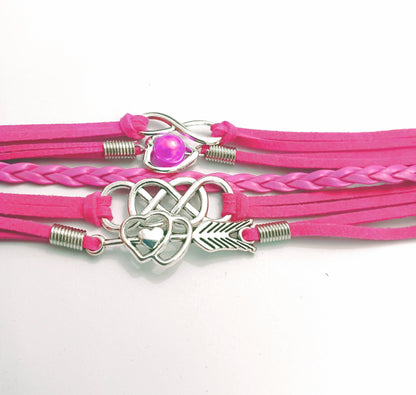Pink Infinity Heart Double Infinity Hearts with Arrow Multi-Layered Bracelet
