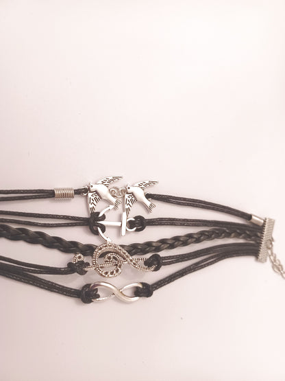 Black Anchor Doves Music Note Infinity Multi-Layered Bracelet