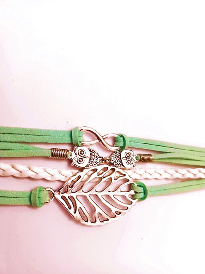 Light Green and White Infinity Owls Leaf Multi-Layered Bracelet