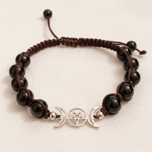 Black Agate Triple Moon Natural Stone Adjustable Bracelet