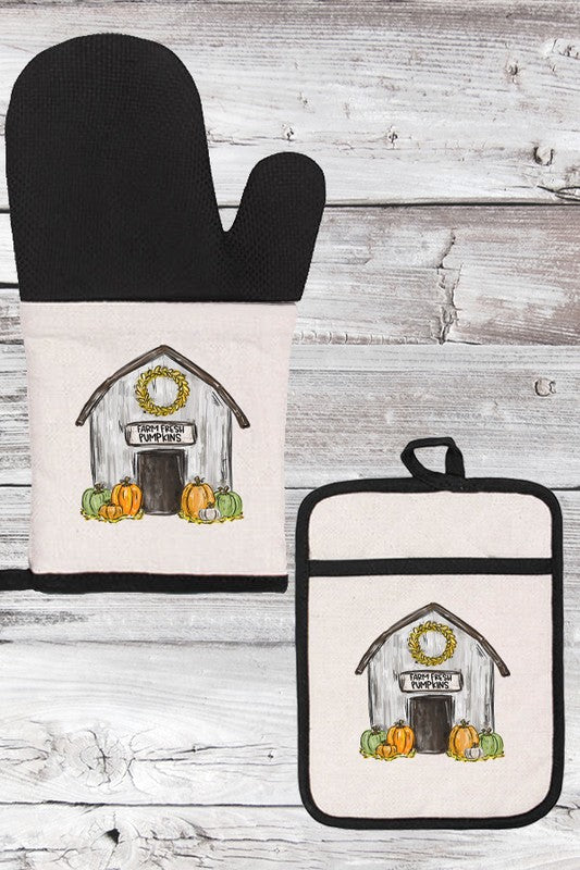 Fall Farm Fresh Pumpkins Barn Oven Mitt Glove